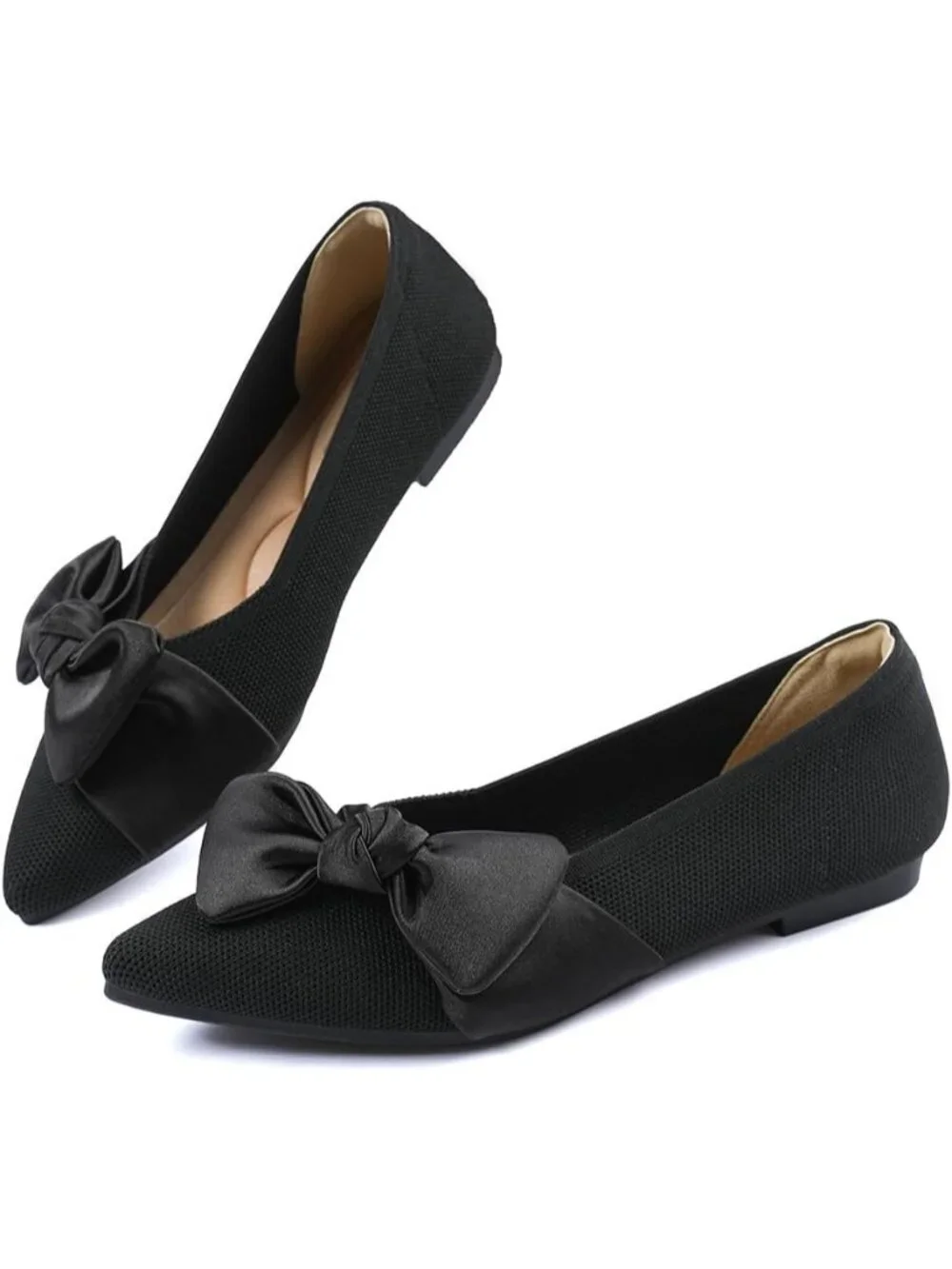Women's Black Mesh Pointed Toe Ballet Slip On Comfortable  Flats with Bow Shoes
